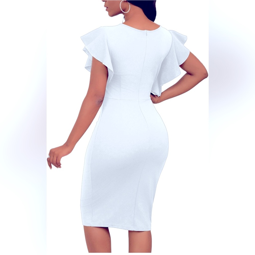 NWOT Womens Short Ruffle Sleeve Vintage Crew Neck Bodycon Work Pencil Midi Dress - Picture 4 of 4